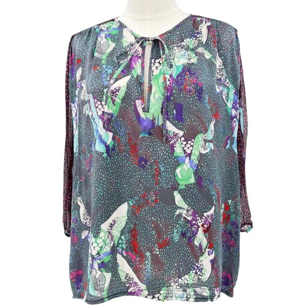 Custo Barcelona Womens Abstract Print Keyhole Tie Neck Chiffon Blouse 4 Flaw - Picture 2 of 8